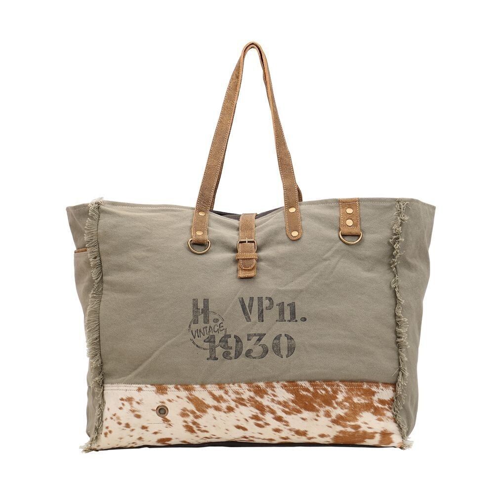 Myra Bag Handmade Viridescent Weekender Bag Upcycled Canvas & Cowhide Leather